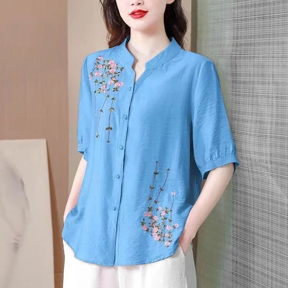 Guzom Womens Retro Floral Embroidered Blouse with Blouson Sleeves, Casual Summer Wear,Blue,Size L
