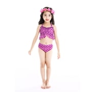 【Uhome】Girls Mermaid Bathing Suit 3PCS Hot Spring Bikini Swimsuits with Fish Tail Kids Beach Costume Set 3-12Y