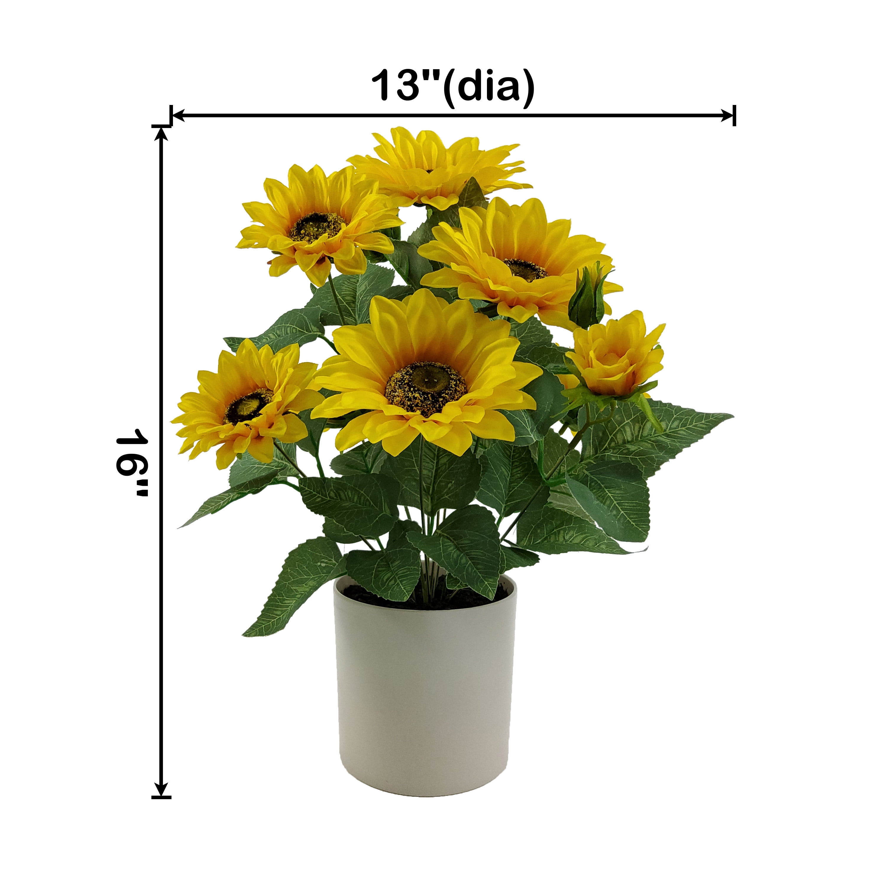 Mainstays Indoor 15 in Artificial Polyester Sunflower in Plastic White Pot, Yellow Color.