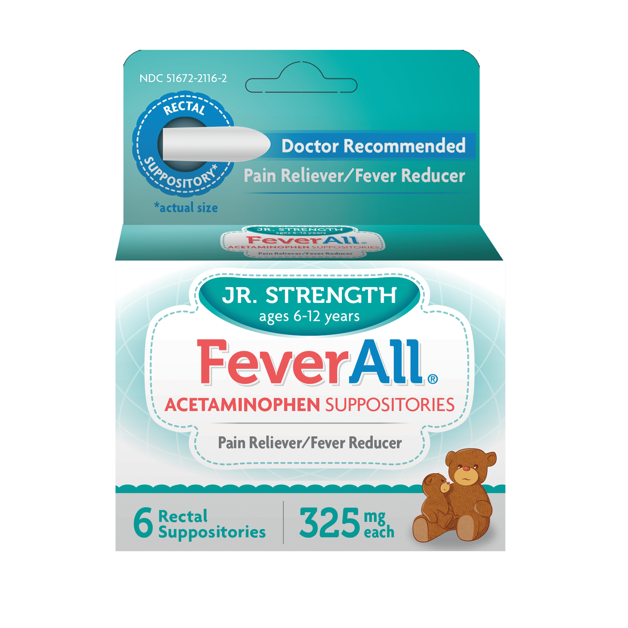 Feverall Children Acetaminophen Suppositories 6 Rectal Suppositories 325mg Each Pain Reliever/Fever Reducer. Paraben Free, No Artificial Colors or Other preservatives. Ages 6-12 Years