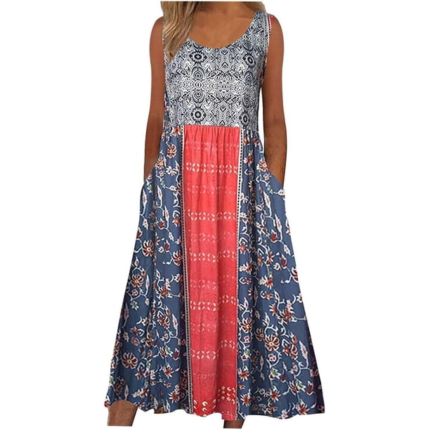 WILLBEST Vestidos de Verano para Mujer Vestido Informal Estampado sin Mangas con Cuello Redondo y Bolsillos Vestido Informal Suelto Grande