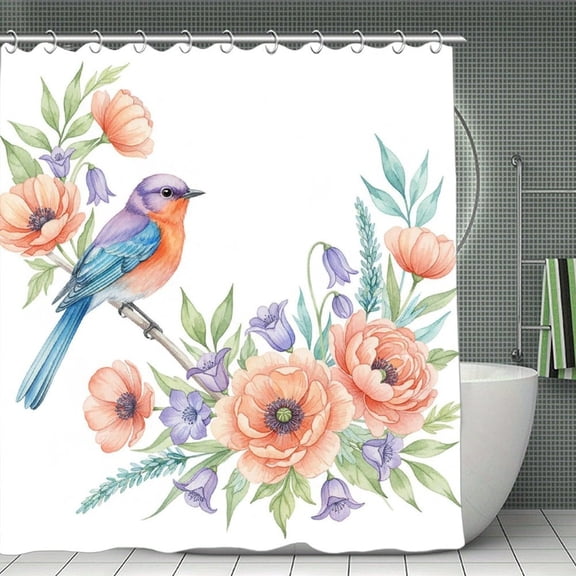 Flower Bird,Yellow Floral Watercolor Blue Leaf Print Shower Curtain,Modern Fabric Waterproof Shower Curtain Set with Hooks 70.8×70.8Inch (180×180cm)