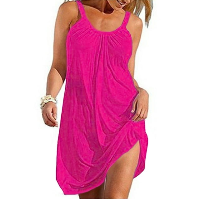 Robes pour Femmes Été Robe Débardeur Sans Manches Plissée Unie Robe T-Shirt Décontractée Robe Mini Ample Robe d'Été Plage Bikini Maillot de Bain Couverture