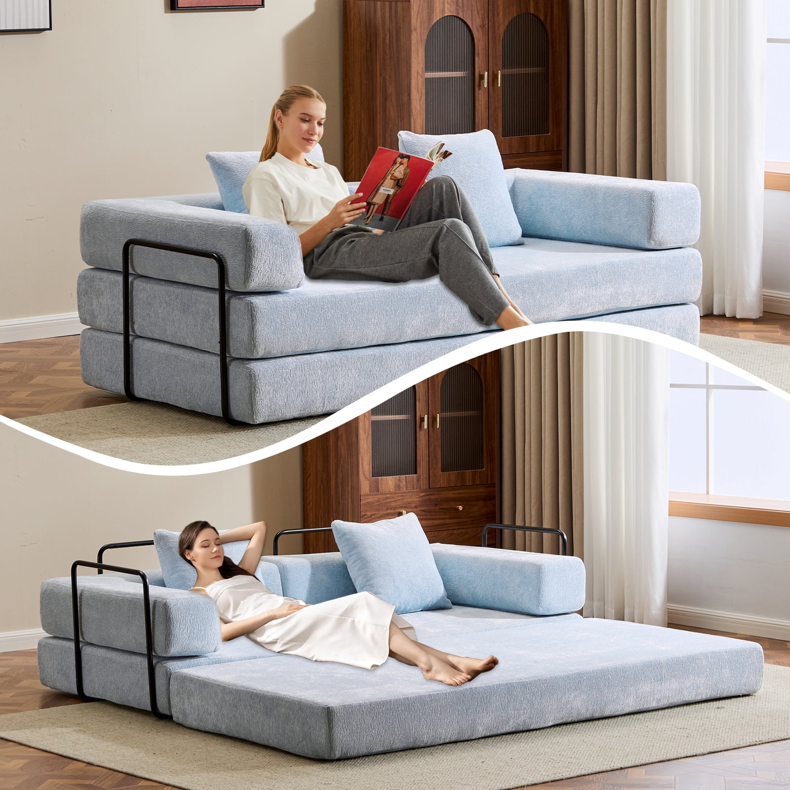 Miniyam 4 in 1 Convertible Floor Sofa Bed, Chenille Floor Couch with Armrest, Pillow for Living Room, Sky Blue