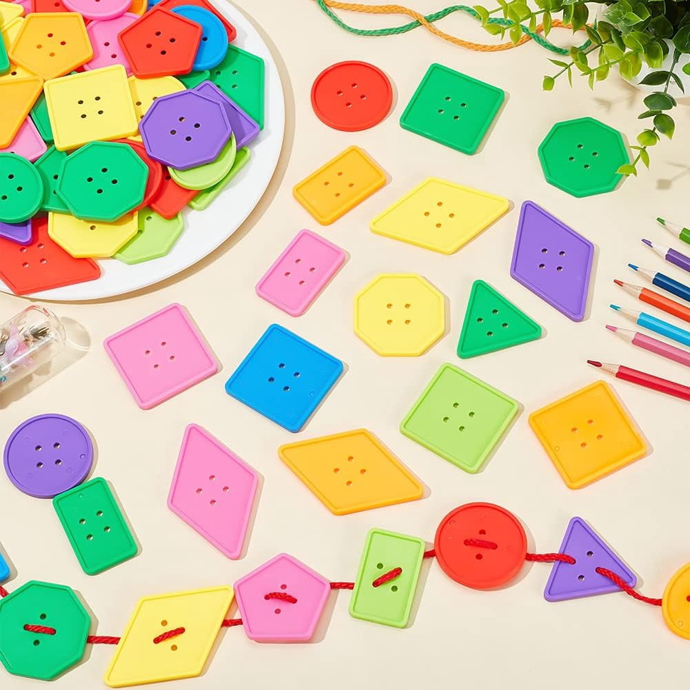 130PCS Big Bright Buttons Large Plastic Geometrical Shape Polyester Rope Vivid Colors Mixed