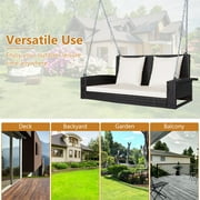 Topbuy Outdoor Wicker Porch Swing Bench 2-Person Patio Rattan Swing Chair W/ Soft Cushions White