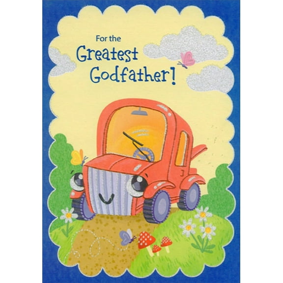 Designer Greetings Cute Red Car, Daisies and Mushrooms Juvenile Birthday Card for Godfather