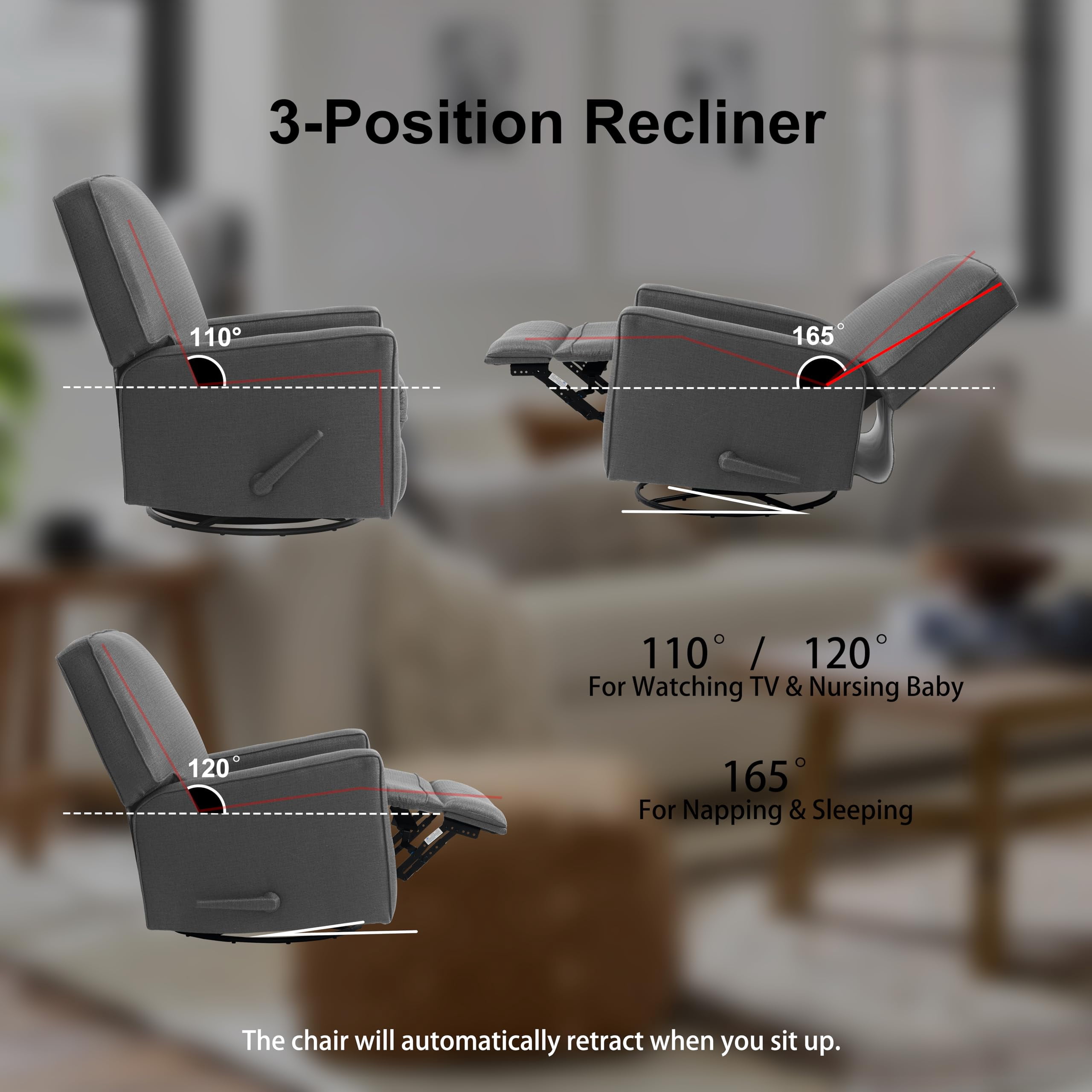 Harkawon Swivel Rocker Recliner Chair, High Back Glider Recliner with Linen Fabric, Ergonomic Rocker Chairs for Small Spaces& Living Room , Dark Grey