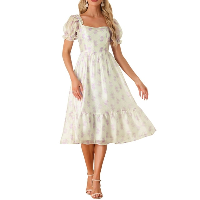 Unique Bargains Robe en Organza Florale pour Femmes Col Carré Manches Courtes Bouffantes Robes Midi Beige Violet m