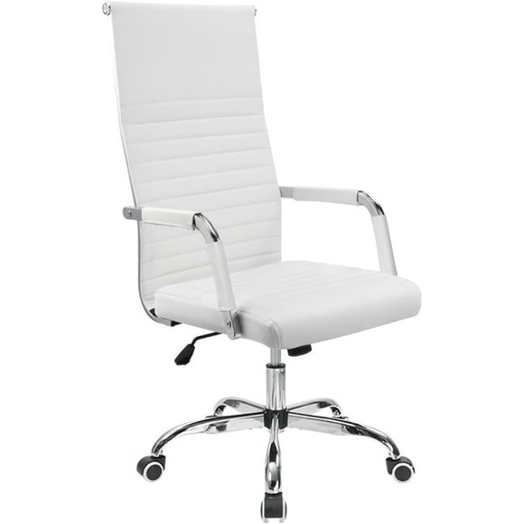 Leather Office Desk Chair, High back Ribbed Executive Modern Conference Room Chairs with Arms Task Chair Adjustable Swivel Chair for Home Office, White