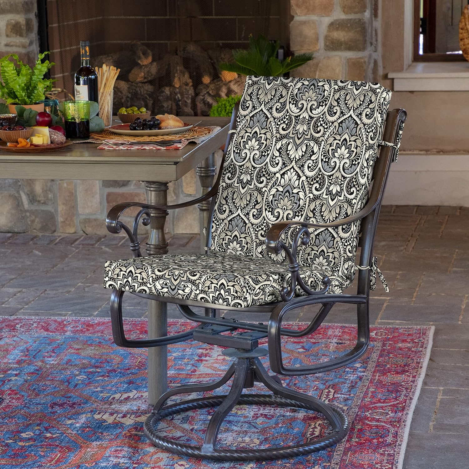 Arden Outdoor Patio Dining Chair Cushion, 20x44, Rain-Proof Seat Pad, Fade-Resistant Outdoor Cushion Black Aurora Damask