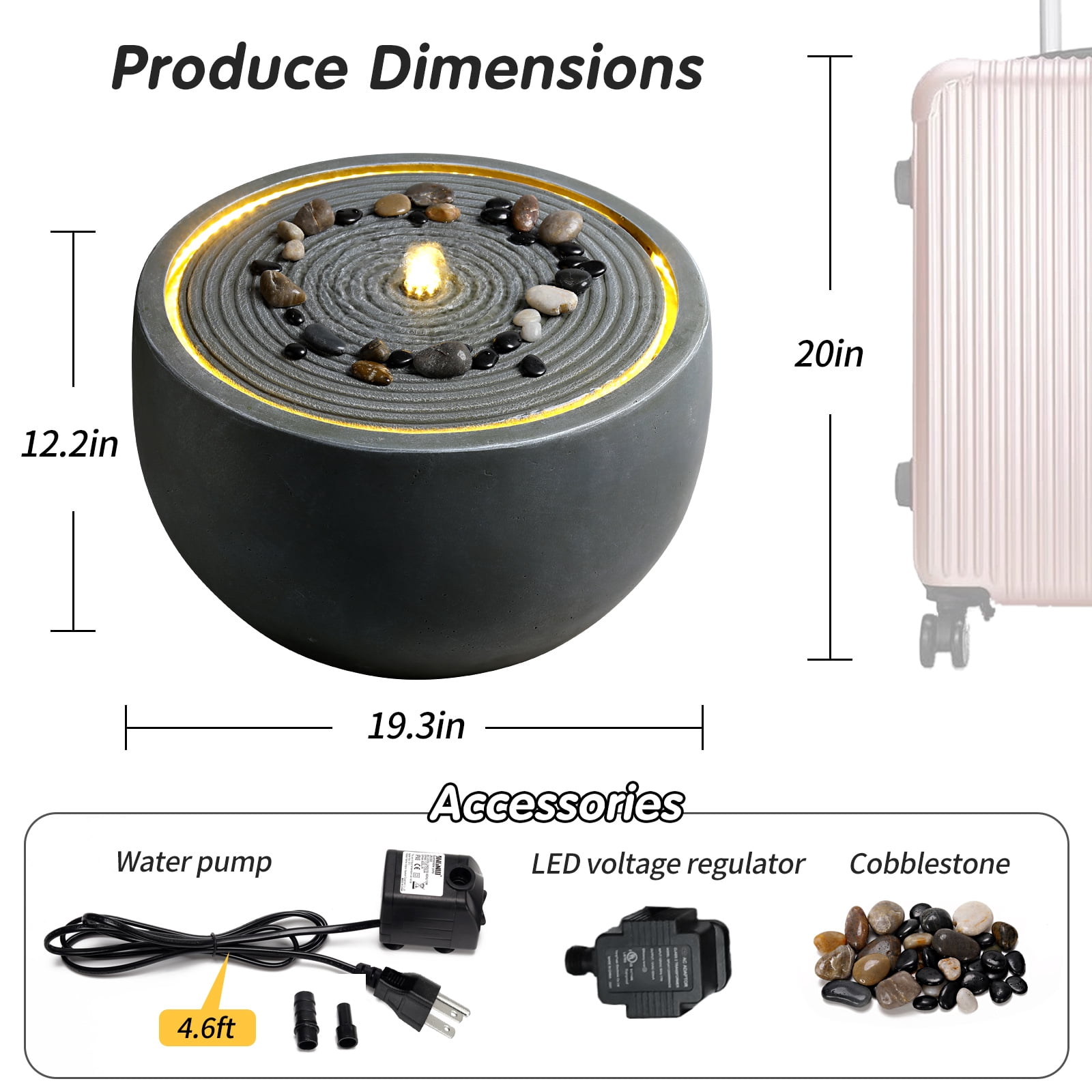 Mintazer 19.3" Modern Round Bowl Ripple Water Fountain with LED Light, Outdoor Garden Fountain with Natural River Stones for Patio Porch Backyard