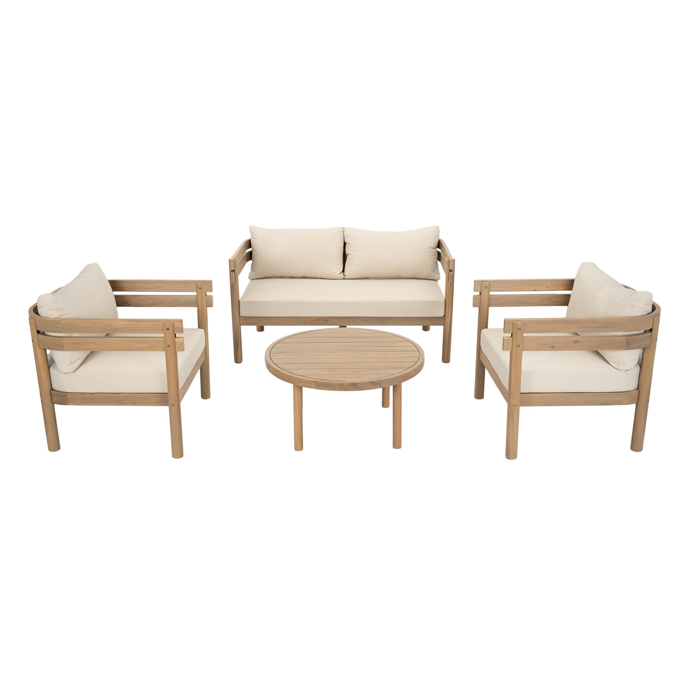 Christopher Knight Home 4-Piece Acacia Wood Patio Conversation Set with Cushions, Light Brown+Beige