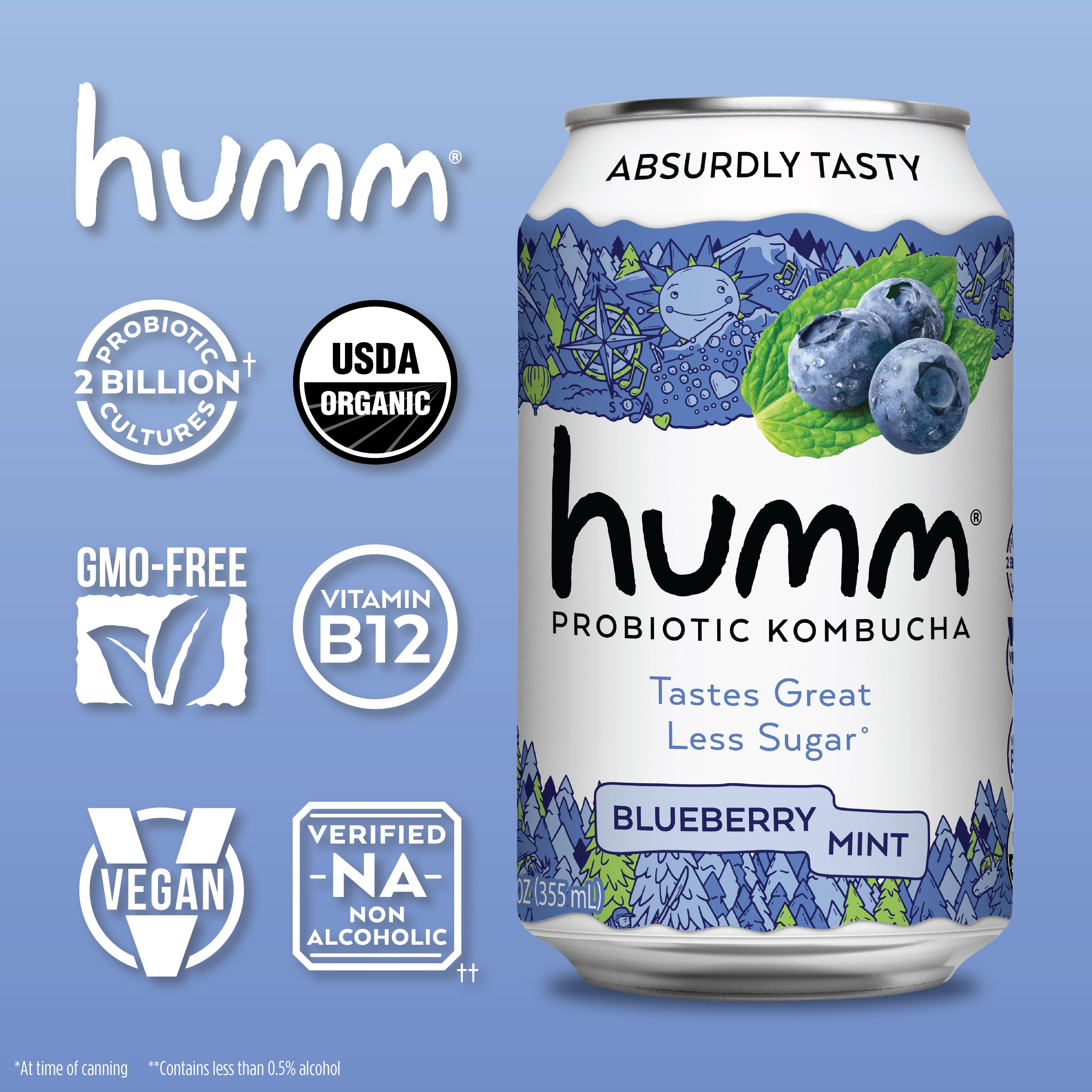 Humm Kombucha Tea, Blueberry Mint, Probiotic, Organic, 12oz Can