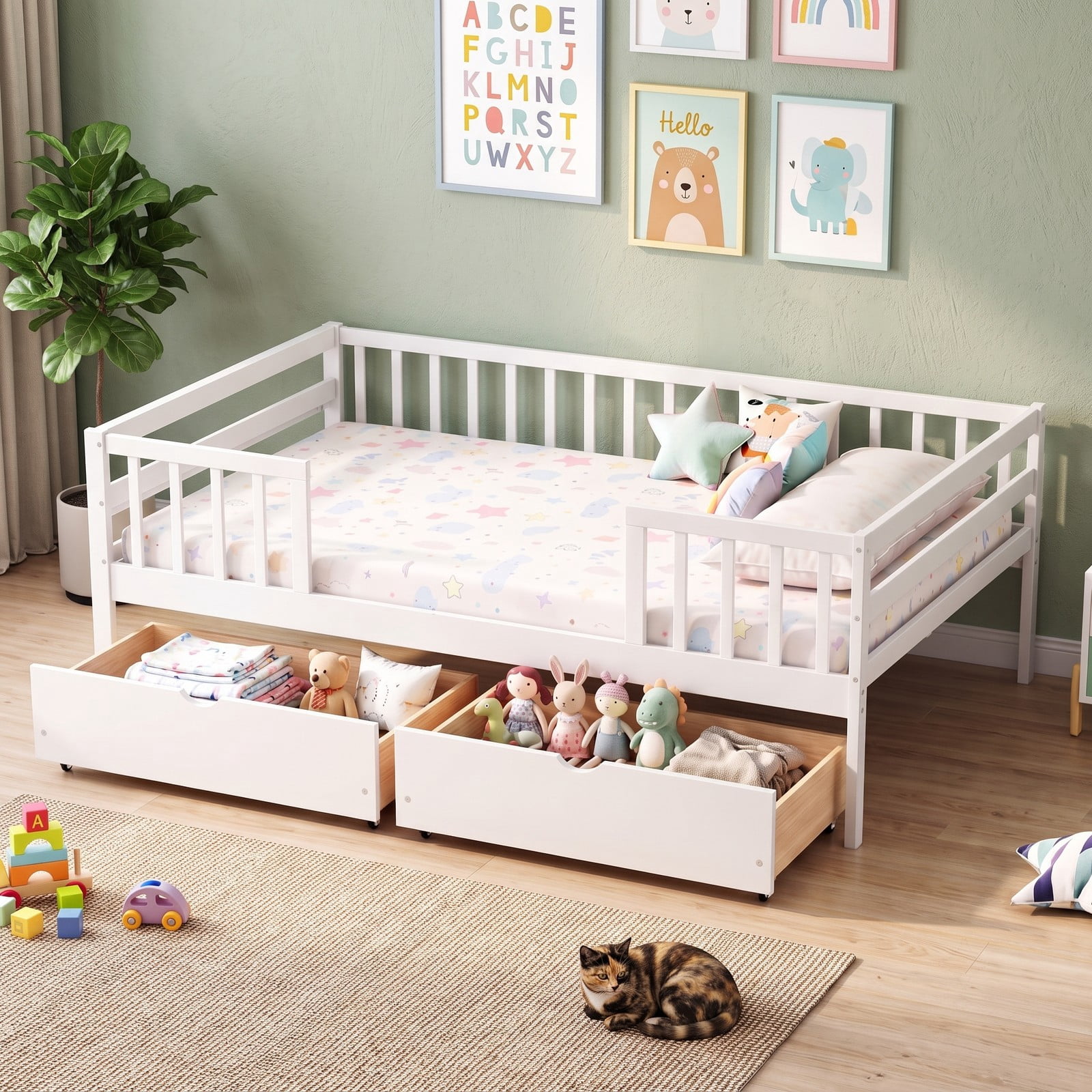 Furnibear Full Size Wood Daybed with Full Fence Rails and 2 Pull-Out Storage Drawers for Kids and Teens Bedroom and Nursery, White