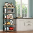thumbnail image 3 of Baker's Rack with 10 Hooks, Ifox Microwave Stand with Storage, Industrial 5-Tier Storage Shelf, Free Standing Wooden Shelf, Brown, 3 of 9