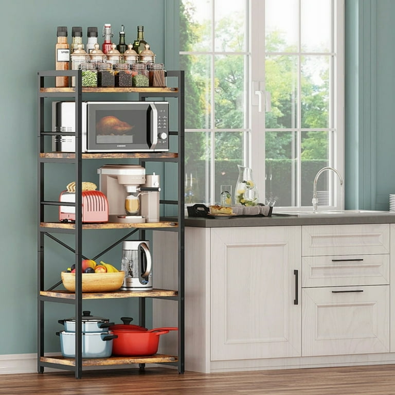 Baker's Rack Kitchen, BUG HULL Microwave Stand with Storage, Industrial 5-Tier Storage Shelf, Free Standing Wooden Shelf, Brown