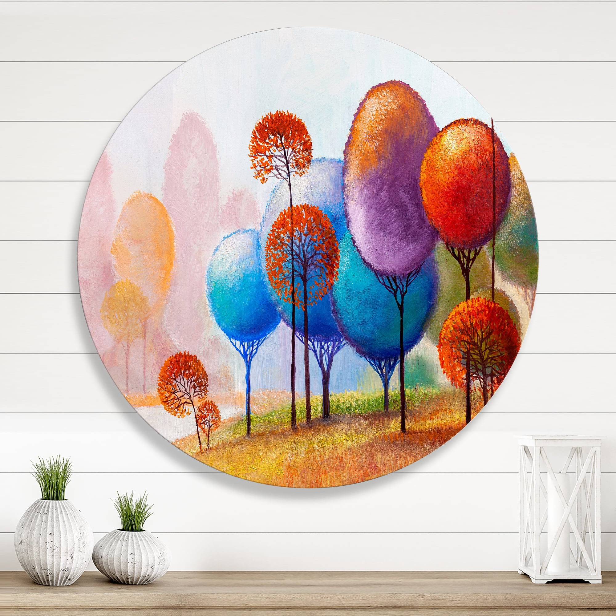 Designart 'Colourful Trees Abtract Impression III' Traditional Circle Metal Wall Art 23x23 - Disc of 23