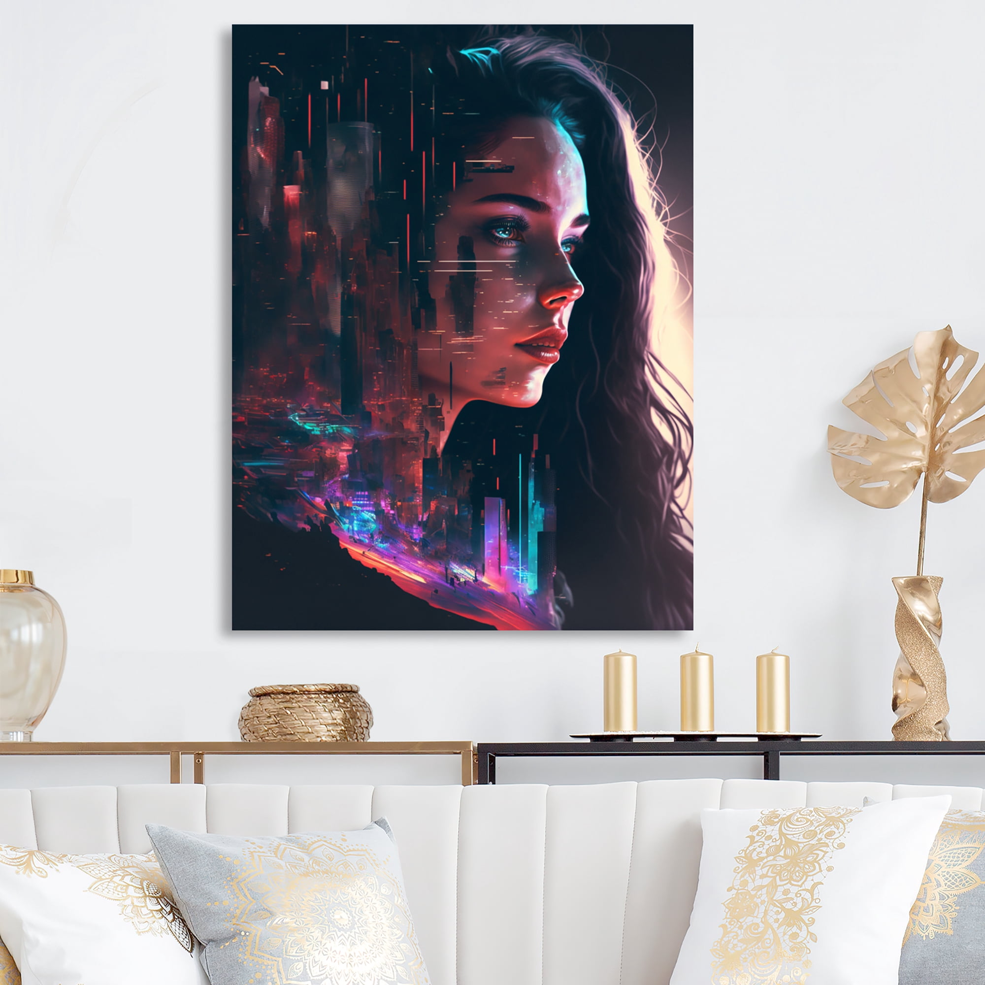 Designart Double Exposure Woman Future City IV Canvas Wall Art