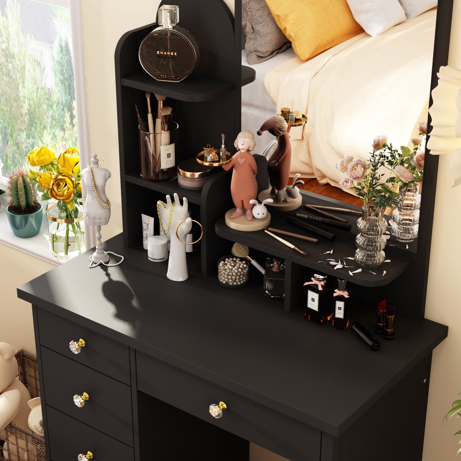 KULAGAGA Makeup Table with Mirror, Vanity Drssing Table with Drawers for Bedroom Black