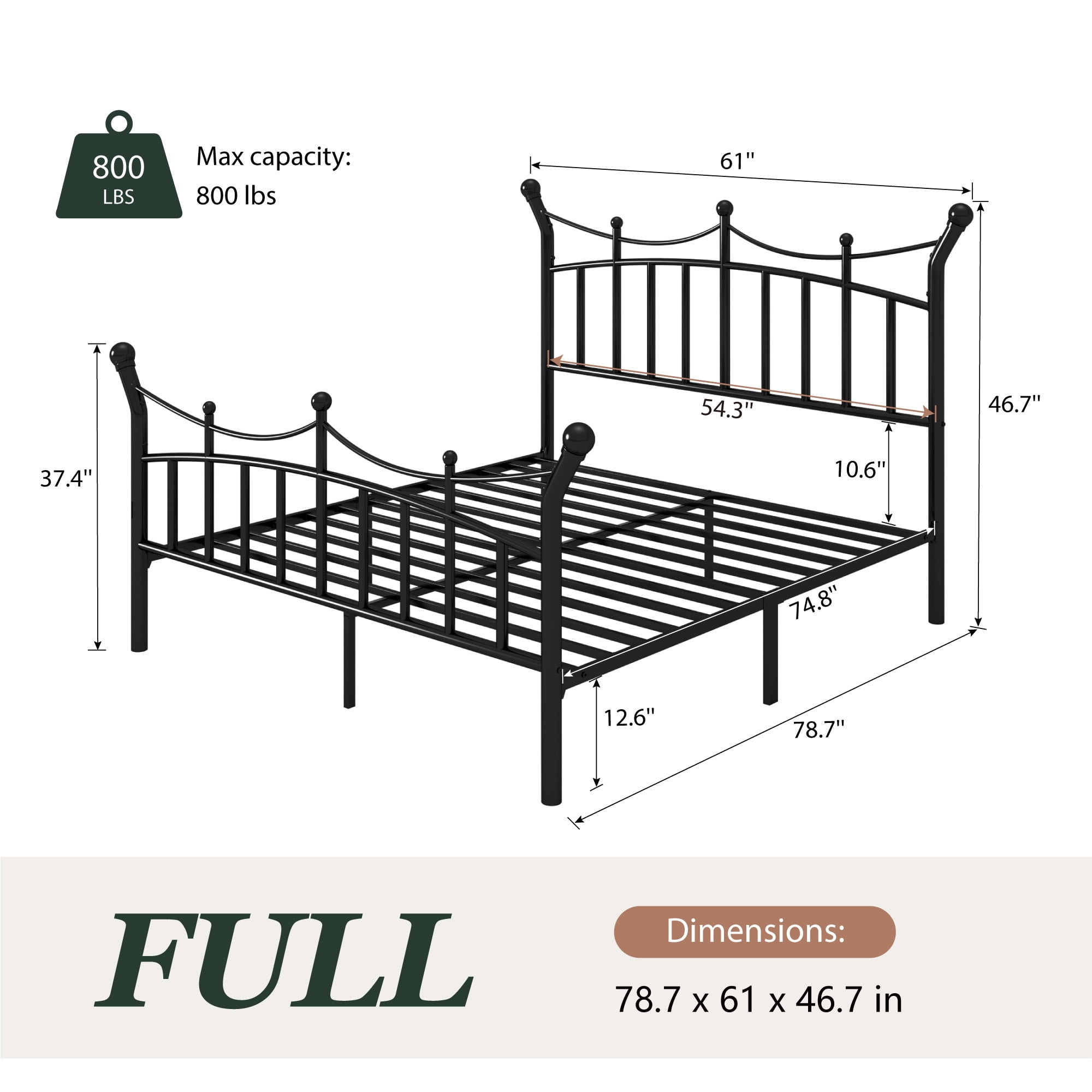 Amolife Full Bed Frame, Metal Platform Bed with Crown-Shaped Headboard and Footboard, 12.6'' Under-Bed Storage Space, No Box Spring Needed, Black