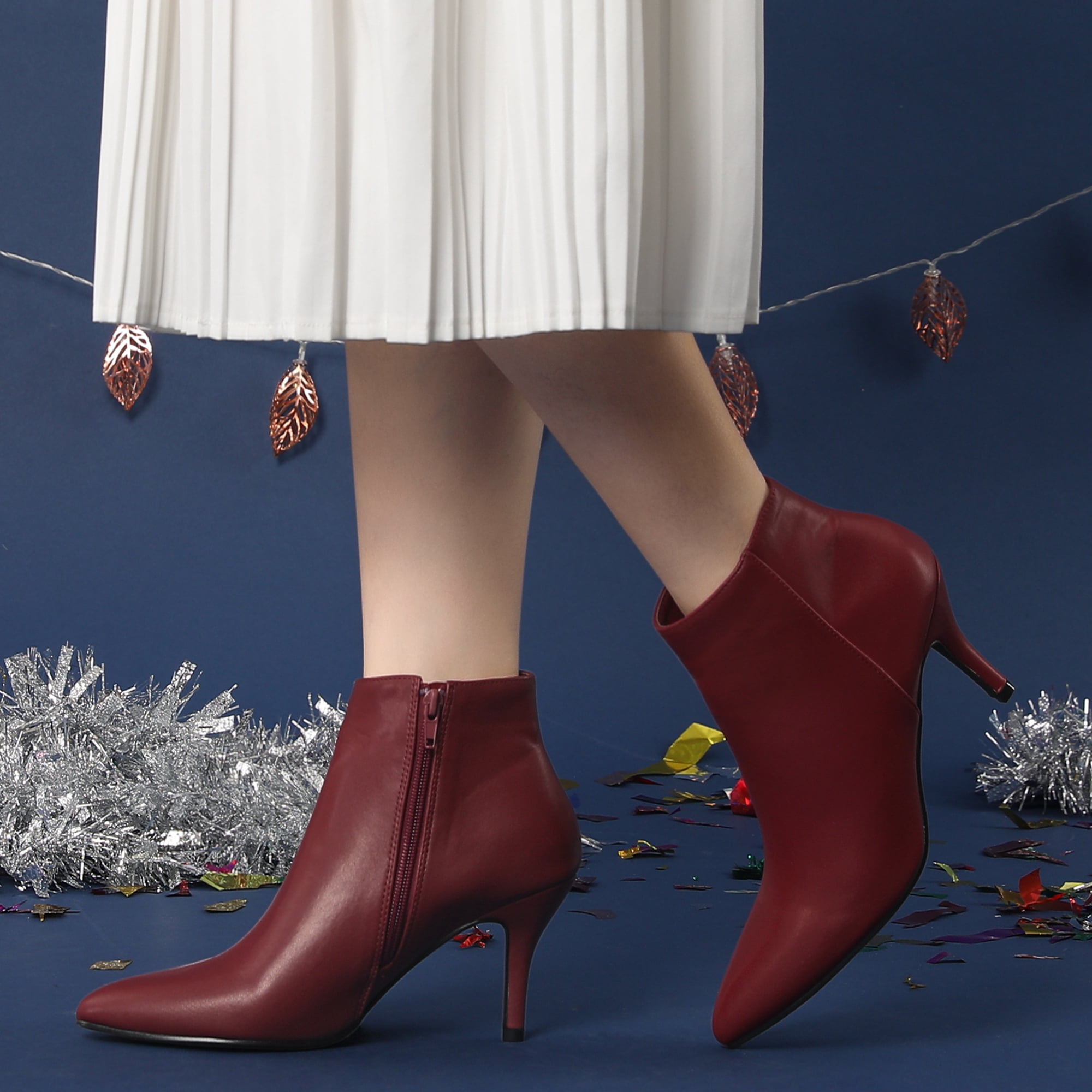 Unique Bargains Women's Side Zipper Pointed Toe Stiletto Heel Ankle Boots Burgundy 10