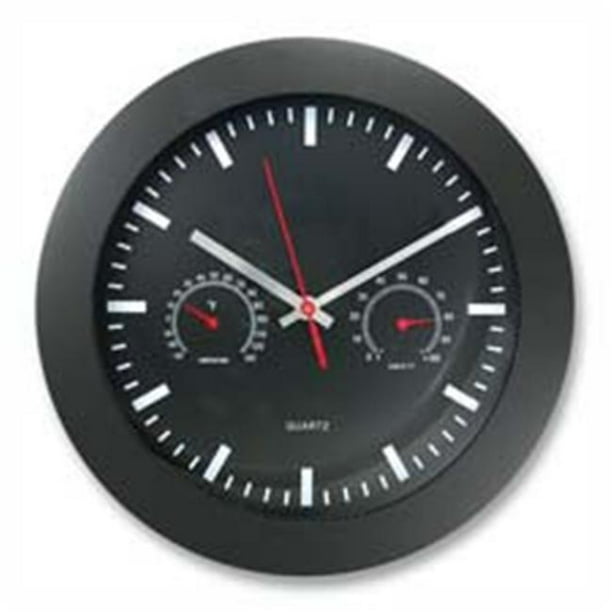 Wall Clock w Temp Humidity Gauge 12in. Black