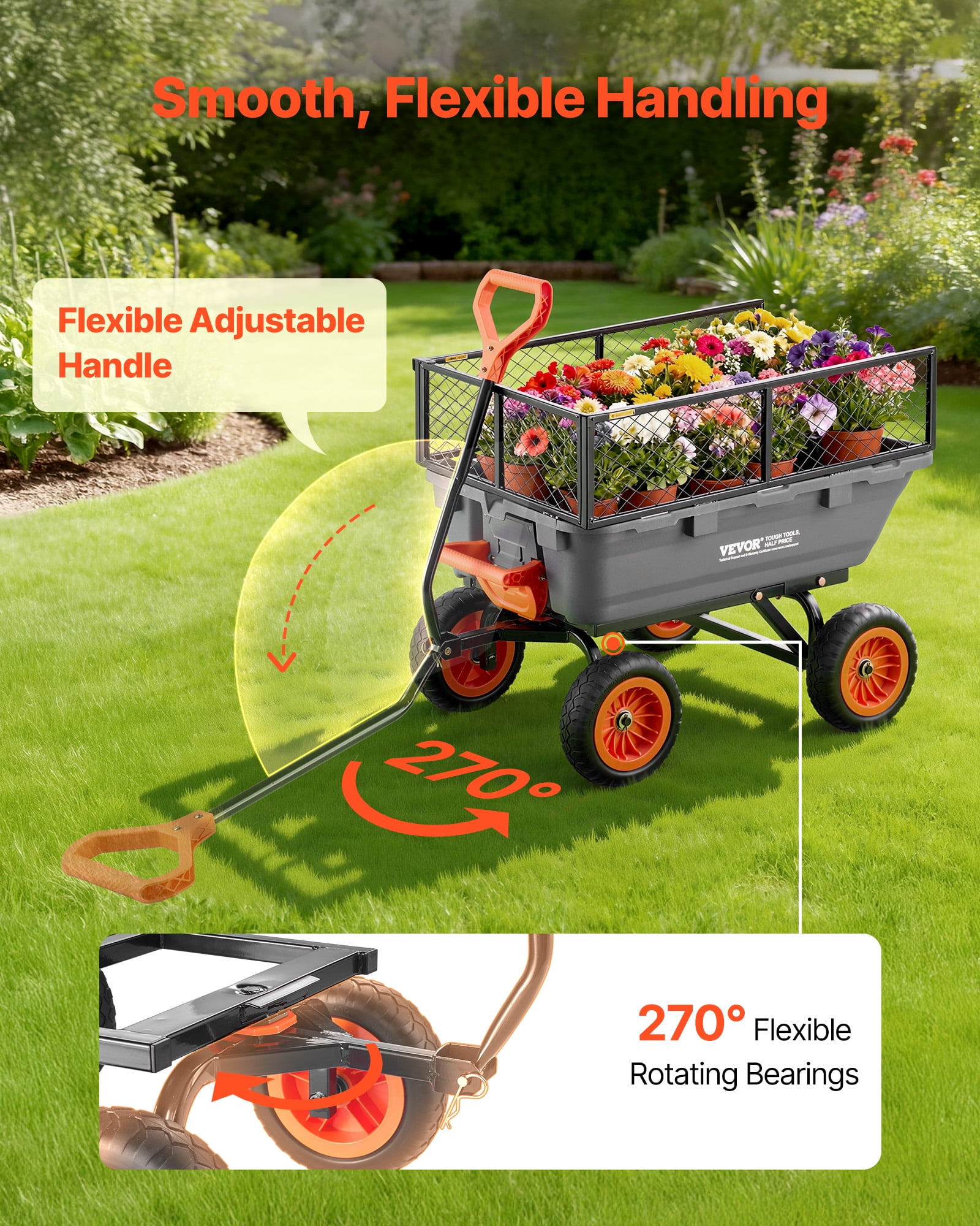 VEVOR Garden Dump Cart, 800 lbs Poly Dump Cart, Garden Carts Dumps Wagon with Storage Fence, 90° Quick-Dumps Mechanism, 180° Swivel Wheels, 90° Rotating Handle, Yard Wagon for Plants, Soil, Crops