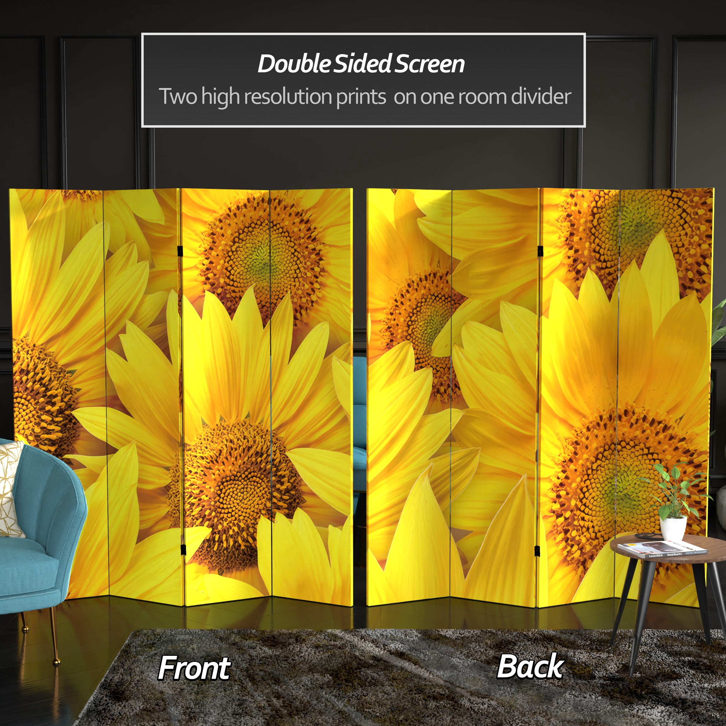 Oriental Furniture 6 ft. Tall Sunflowers Canvas Room Divider - 4 Panel