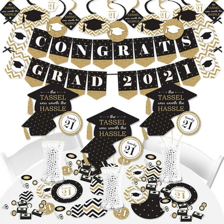 Big Dot of Happiness Gold - Tassel Worth the Hassle Grad - 2021 Black Graduation Party Supplies - Banner Decoration Kit - Fundle Bundle