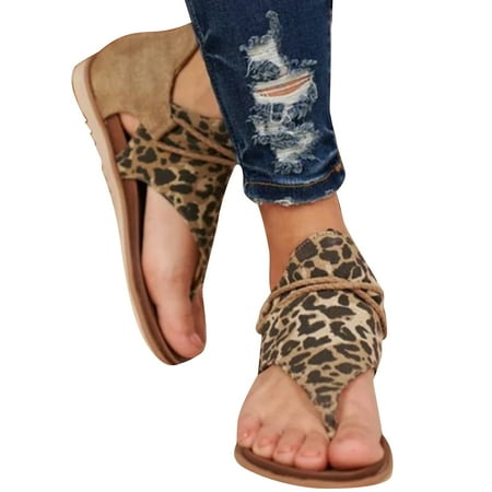 

Women s Leopard Print Flats Sandals Summer Casual Beach Open-Toe Back Zipper T-Strap Boho Gladiator Sandals Shoes