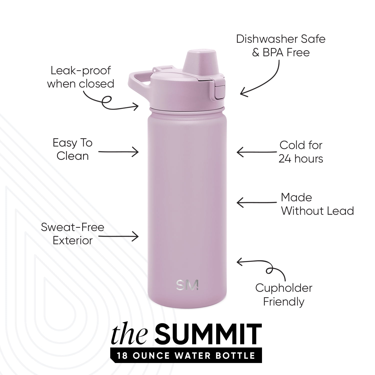 Simple Modern 18 fl oz Insulated Stainless Steel Summit Water Bottle with Covered Silicone Straw Lid|Lavender Mist