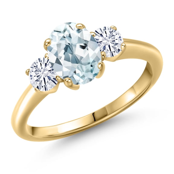 Gem Stone King 10K Yellow Gold Sky Blue Aquamarine and White Moissanite Engagement Ring for Women | 1.66 Cttw | Oval 8X6MM | Gemstone March Birthstone | Size 8