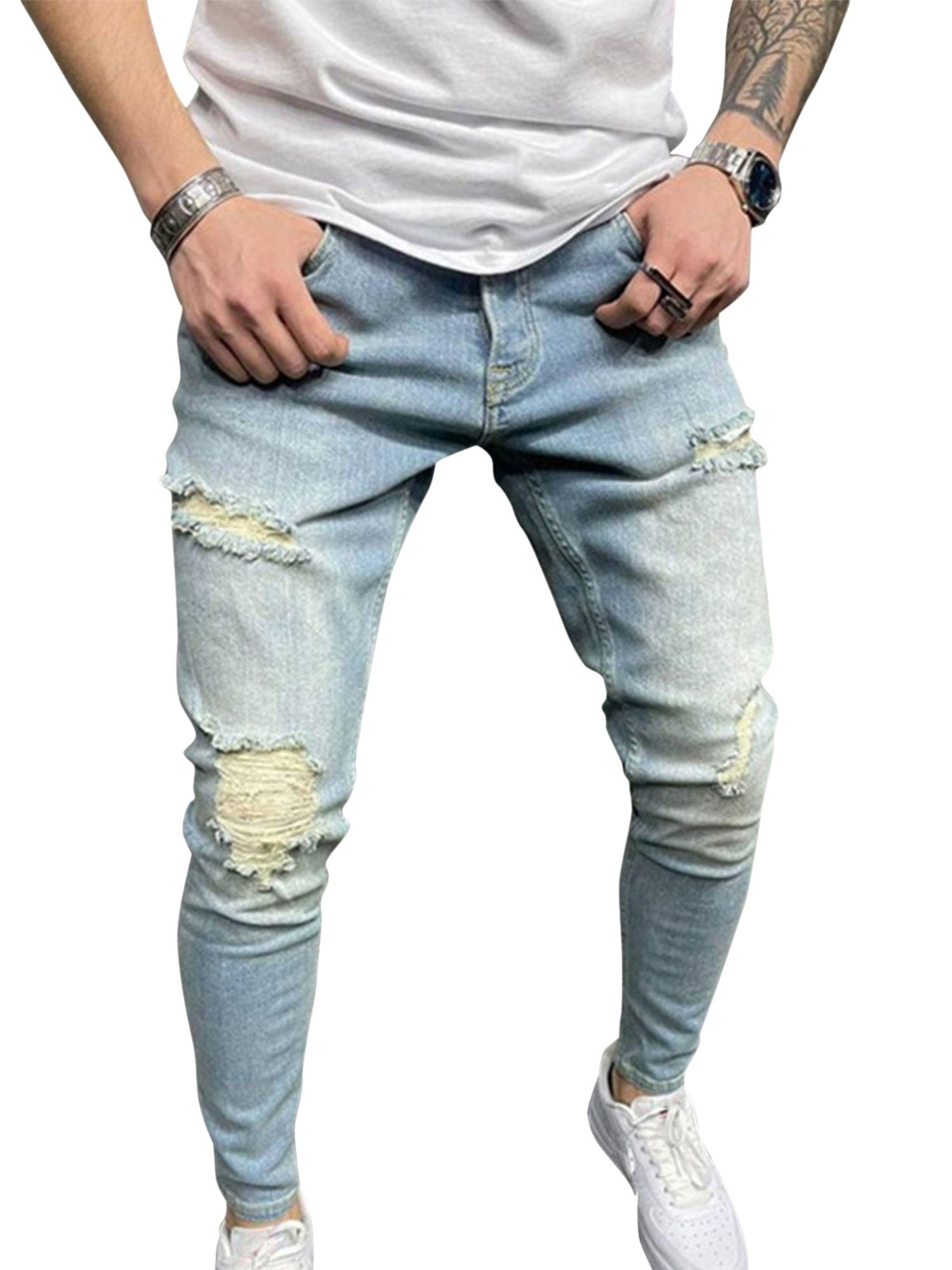 Mens Casual Jeans Trousers Skinny Stretch Slim Fit Ripped Destroyed Denim Pants 