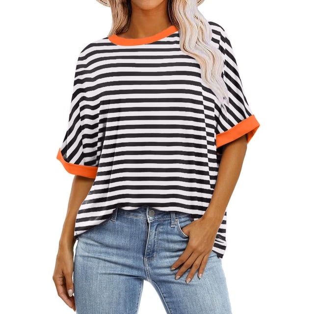 Pisexur Hauts d'Été pour Femmes Mode Décontractée Blouses à Imprimé Rayé Amples Confortables T-Shirts à Col Rond Basiques Polyvalents à Manches Courtes Hauts de Sortie T-Shirts Chemises