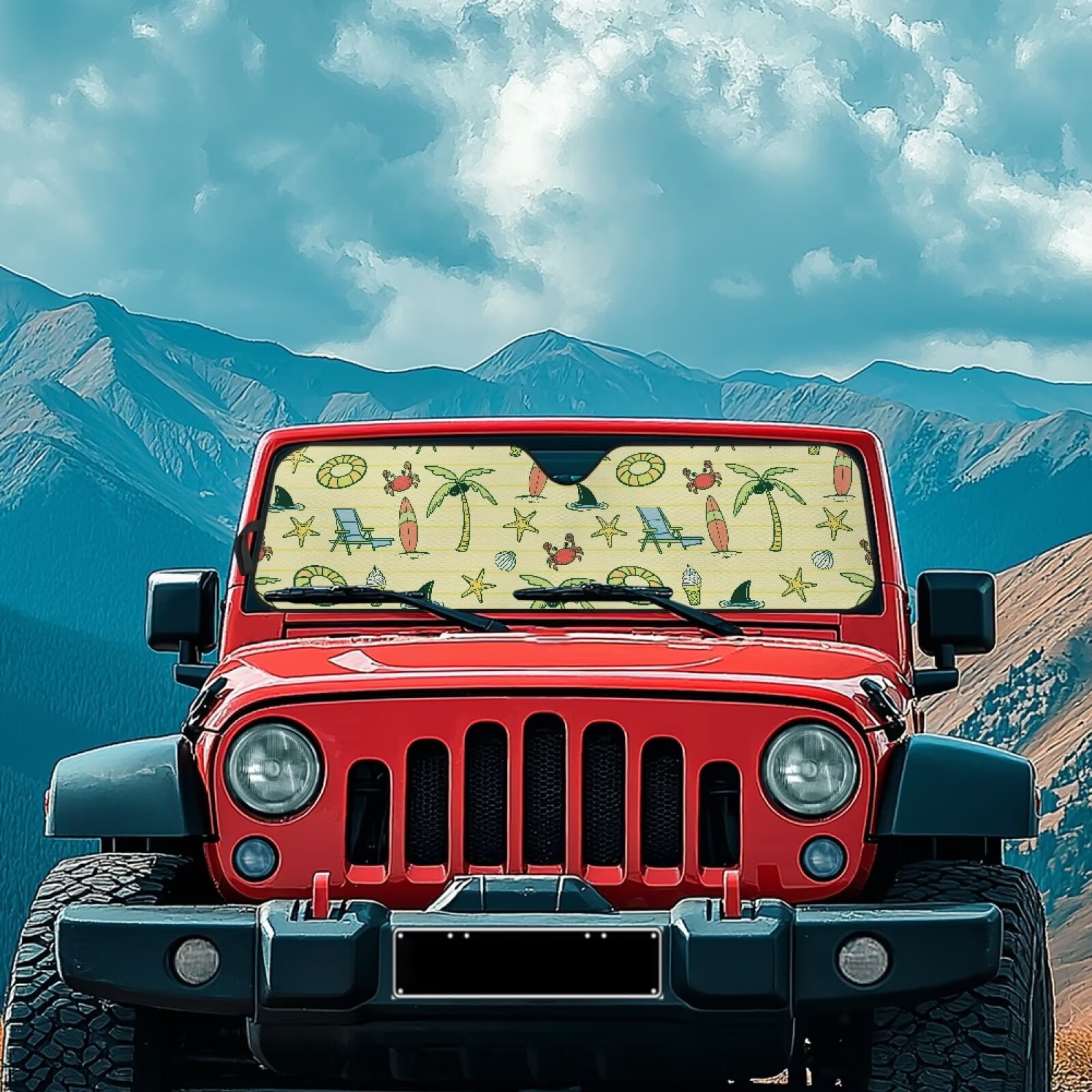HUIAOCNG Beach Pattern Windshield Sun Shade,American Flag Car Sun Shade for Rubicon Sahara TJ JK JKU 2 Door & 4 Door, UV Rays Blocker Sun Visor Shade Keep Vehicle Cool,Black