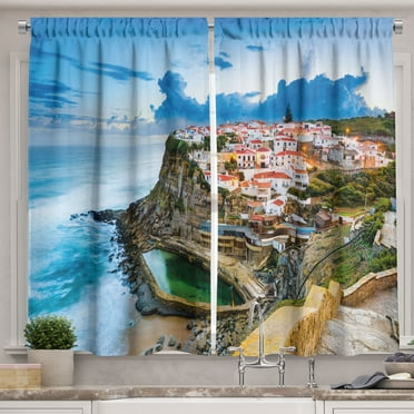 Ambesonne Mediterranean Kitchen Curtains, Portuguese Town, 55"x39", Multicolor