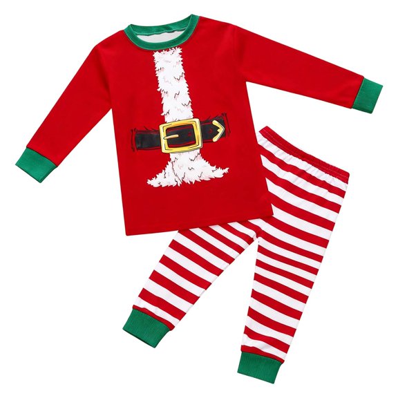 Bainana Unisex Kids Christmas Pajamas Santa Print Long Sleeve T-Shirt Striped Pants Sleepwear Boys And Girls Stylish Fit Matching Set, Size 6-12 Months