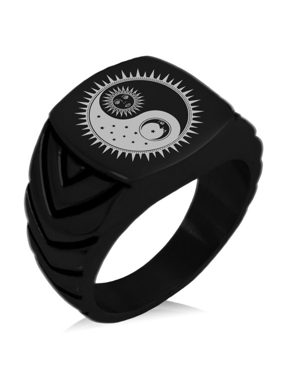 Stainless Steel Sun & Moon Yin Yang Chevron Pattern Biker Style Polished Ring