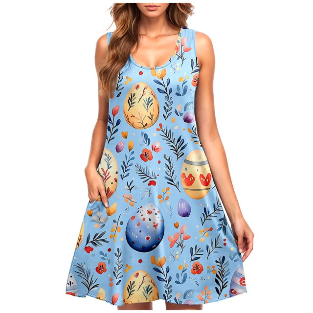 Hyknon Robes d'Été pour Femmes Mode Col Rond Sans Manches Douces Confortables Robes d'Été Imprimées de Pâques Amples Grande Taille Robes Midi Fluides