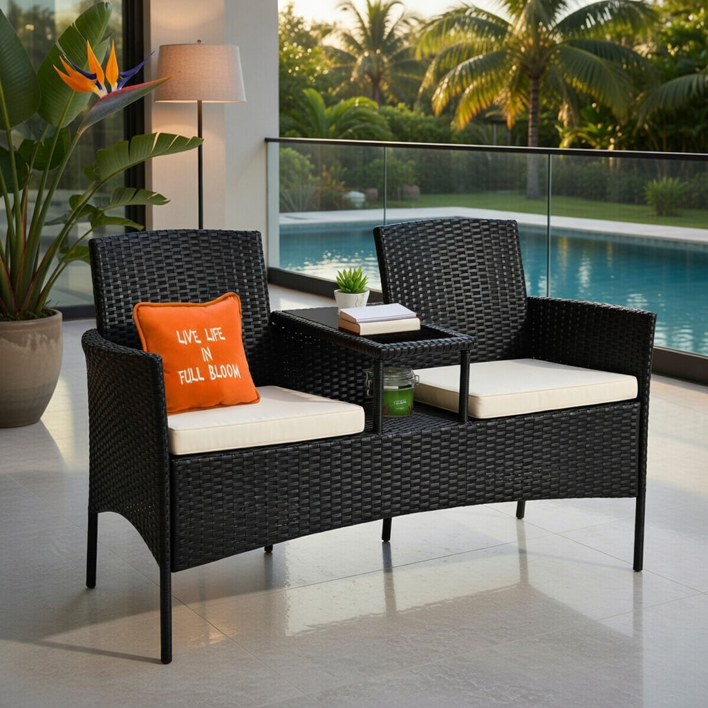 Hommoo Wicker Patio Conversation Set, Weather-Resistant Rattan Sofa with Removable Cushions, Tempered Glass Table, and Steel Frame for Backyard, Poolside or Balcony, White