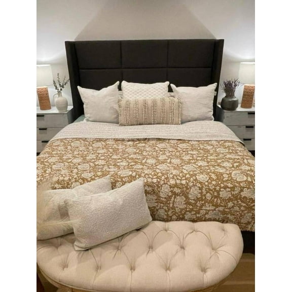 A And E Textiles House House Tan Color Kantha quilt bedding bedspread queen size quilt Indian kantha throw Kantha Block Printed floral Kantha Handblock Print floral