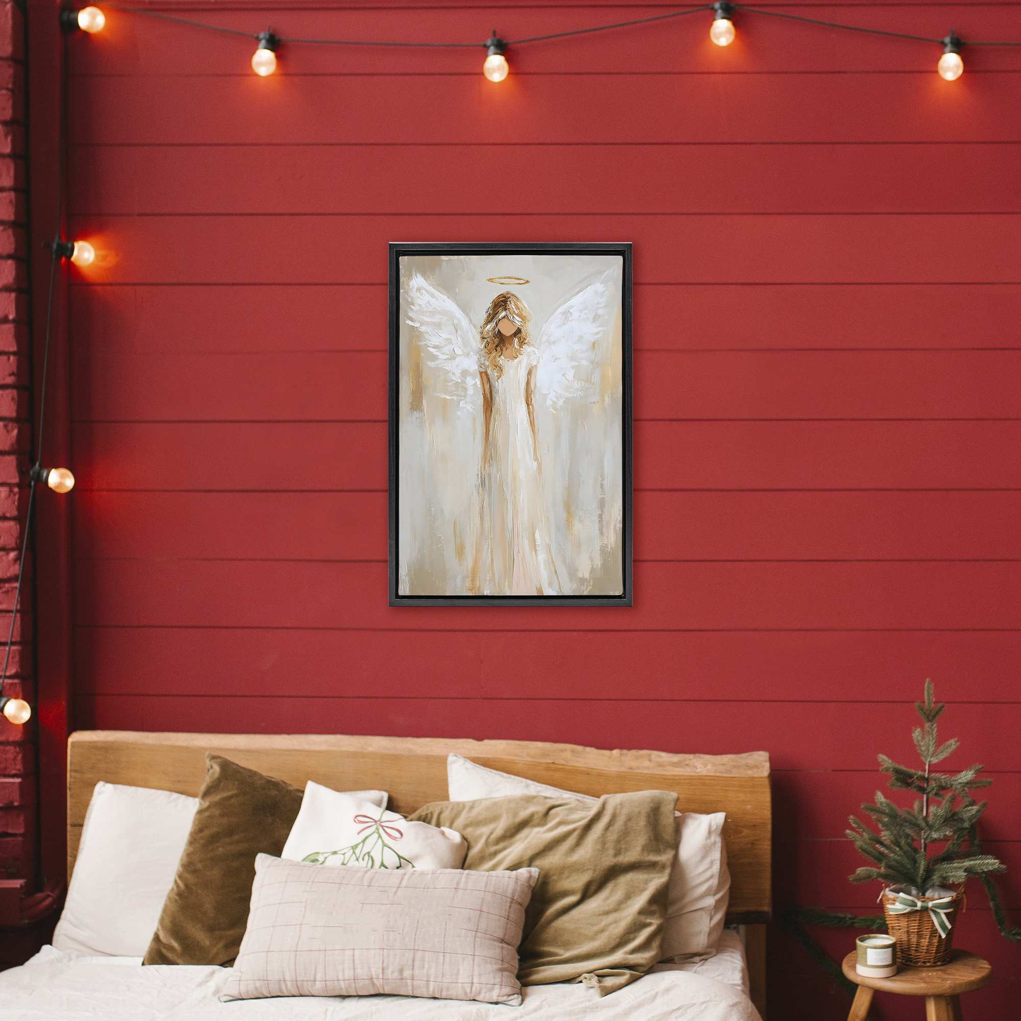 Divine White Robe Angel Black Framed Floater Canvas Wall Art, design by Petal Prints Design