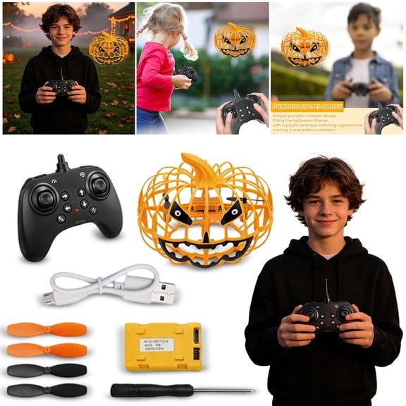 Pumpkin Shaped Mini Drone for Student with Altitude Hold and Protective Cage, Orange and Black Remote Helicopter Toys for Halloween