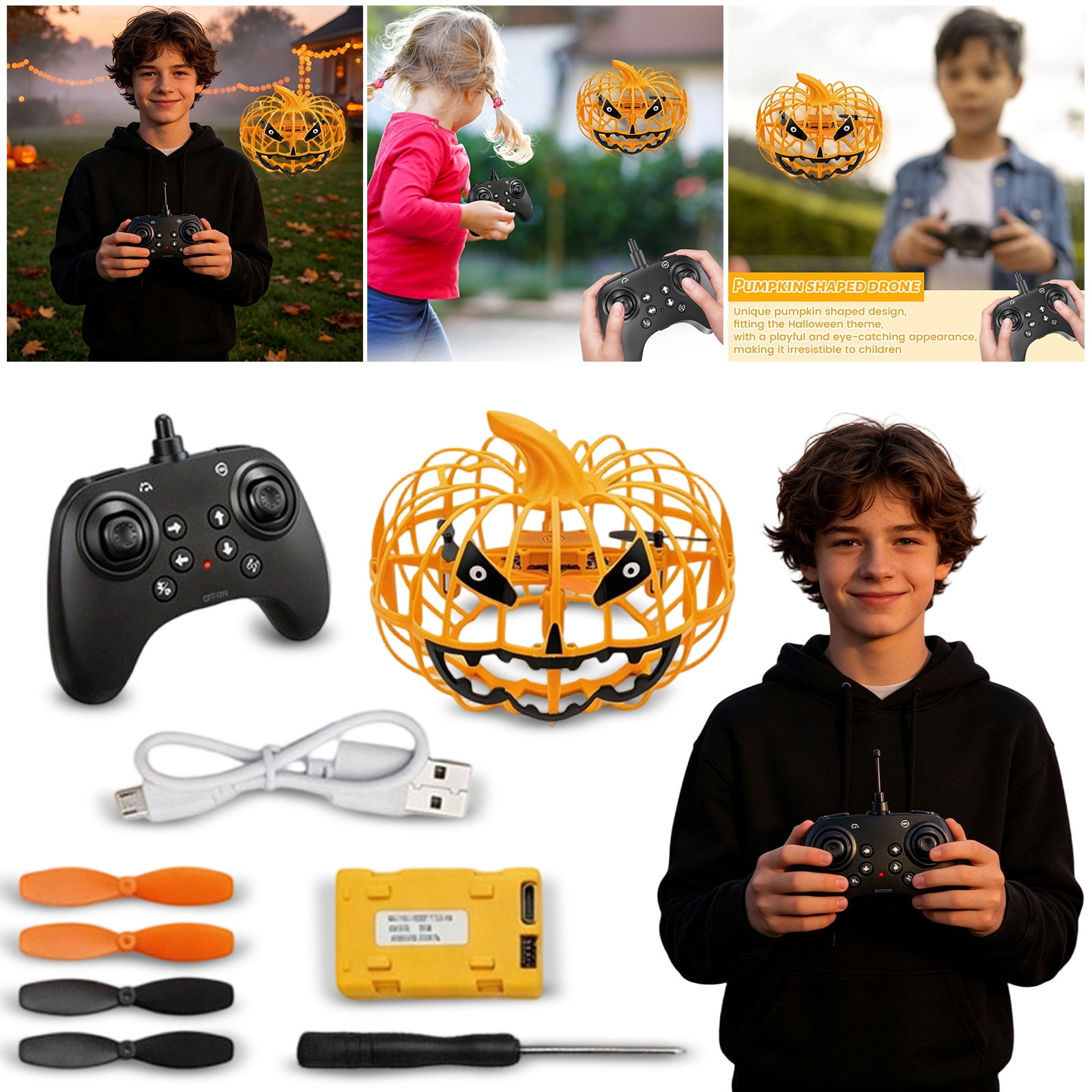 Mini Drone, Kids Toys, Halloween Pumpkin Decorations, Halloween Kids Toys, 9X9X4.5 Inch Pumpkin Shaped Altitude Hold Flying Vehicle, Full Surround Anti-Collision Protection,