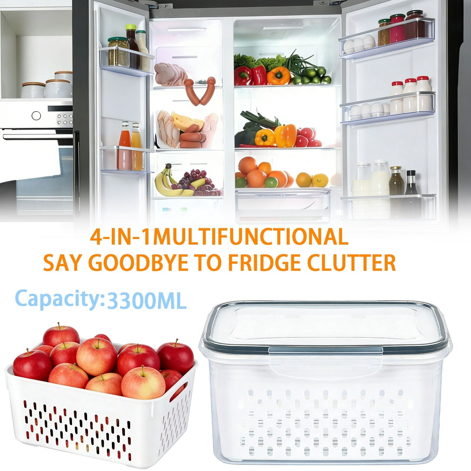 3-Piece Food Storage Container Set | Multifunctional Produce Keeper with Removable Strainer Basket | Airtight Fridge Organizer for Berries, Vegetables & Leftovers