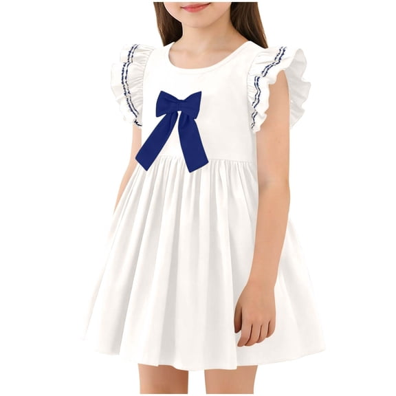Girls White Ruffle Bow Dress – Soft Stretchy A-Line Twirly Cap Sleeve Dress for Kids Girls Ages 2-8 Years,Size 2-3 T
