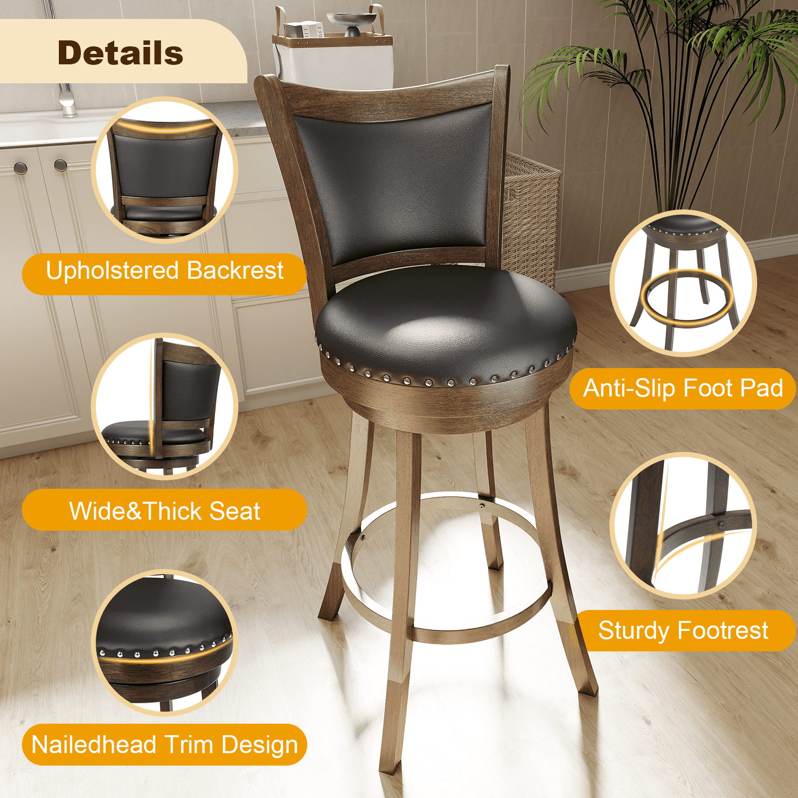 30 Inch Swivel Bar Stools Set of 2 Rotated Counter Height Barstool with High Back Leather Upholstered Kitchen Island Stools Chair for Home Bar, Black