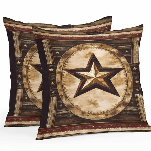 Waterproof Throw Pillow Covers Set of 2, 26x26 Inch Vintage Brown Star Western Decorative Pillowcases Outdoor Pillow Slip Cushion Covers Set for Couch Tent Country Wooden