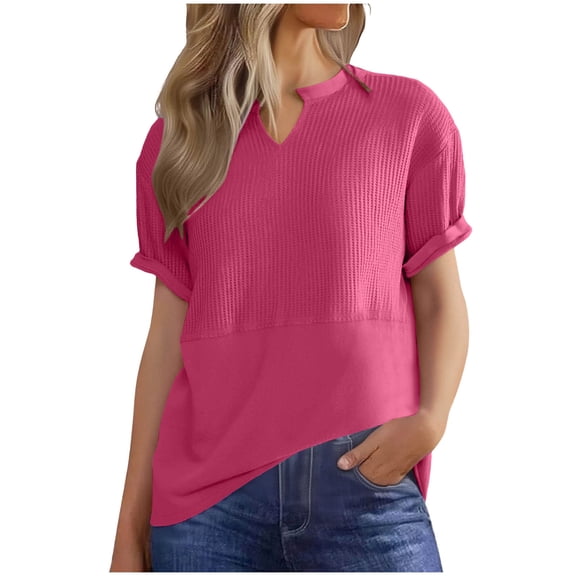 Womens Waffle Spring Clothes, Short Sleeve Shirts for Women Fashion Loose Fit Solid Color Notch V Neck T-Shirts